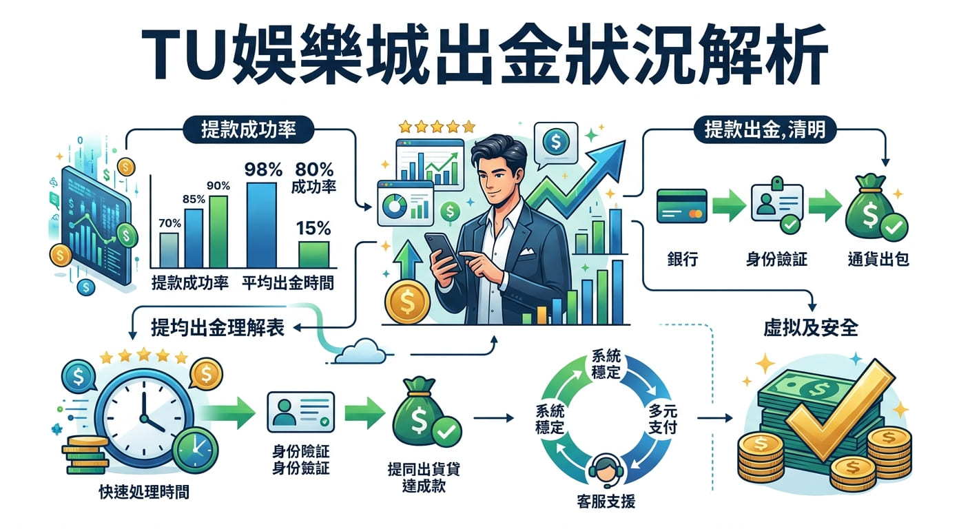 這張圖片展示了一份關於「TU娛樂城出金狀況解析」的資訊圖表，透過數據圖表與流程圖分析提款成功率及處理時間。 畫面中央結合了商務人物形象、金幣與安全驗證圖標，以現代科技風格呈現完整的提款分析與流程說明。