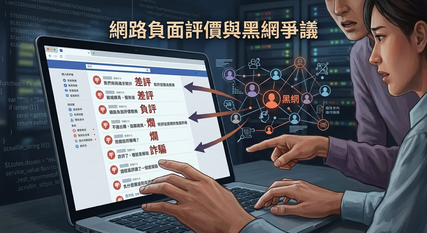 這張圖片展現了一位正在電腦前操作的使用者，螢幕上顯示著帶有紅色負評圖示與評論的網絡界面，背景則融合了數位數據串流與暗色調的黑網網絡關聯圖。  整體設計以沉穩的暗藍色與科技感光影為主，頂部清晰標註著主題文字「網路負面評價與黑網爭議」，突顯出數位時代下的網路輿情與資訊安全議題。